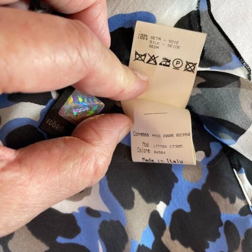 Robert Cavalli Blue Black Leopard Print Silk Blouse Bell Sleeve Sheer Size XS - Picture 12 of 13
